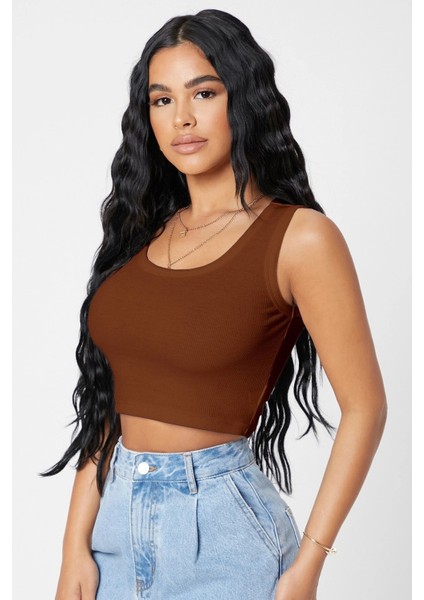 Kadın Kahverengi Kare Yaka Crop Top Bluz