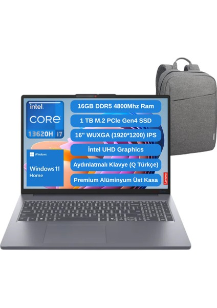 Ideapad Slim 3 16IRH10 Intel Core I7 13620H 16GB 1tb SSD 16" Fhd Windows 11 Taşınabilir Bilgisayar 83K2001VTR - Lenovo Çanta Wz7