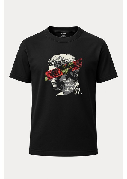 Nothing Matters Style Baskılı Unisex Bol Kalıp Bisiklet Yaka Tişört Siyah