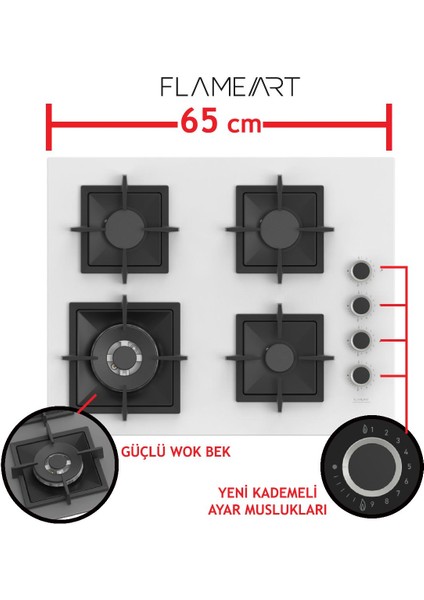 Flowart-Sılentart Serisi Beyaz Set (SC406-WFA + QBL63CB +D078-SA ) - Döküm Izgara / 65 cm Ocak