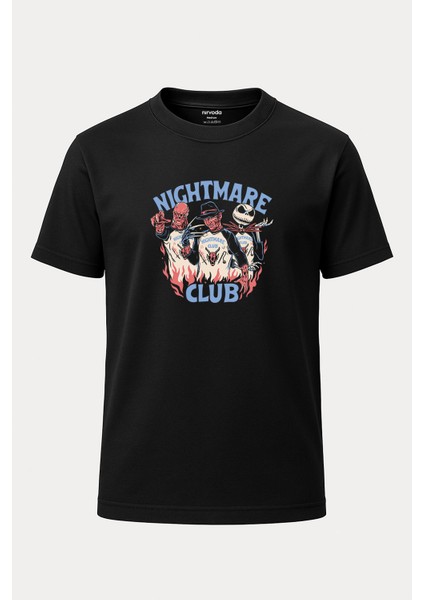 Nightmare Club Baskılı Unisex Bol Kalıp Bisiklet Yaka Tişört Siyah