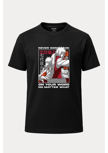 Never Going Back Naruto Baskılı Unisex Bol Kalıp Bisiklet Yaka Tişört Siyah