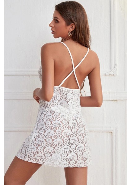 Kadın Beyaz Fırfırlı Tül Detaylı Sırtı Çapraz ve Açık Komple Dantel Gecelik fiyatları