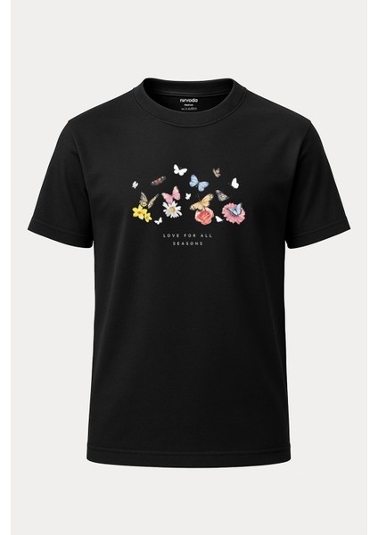 Love For All Seasons Kelebek Baskılı Unisex Bol Kalıp Bisiklet Yaka Tişört Siyah