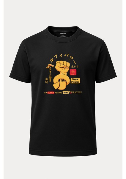 Luffy Power Yumruk One Piece Baskılı Unisex Bol Kalıp Bisiklet Yaka Tişört Siyah