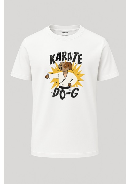 Karate Köpek Baskılı Unisex Bol Kalıp Bisiklet Yaka Tişört