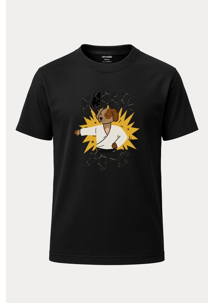 Karate Köpek Baskılı Unisex Bol Kalıp Bisiklet Yaka Tişört