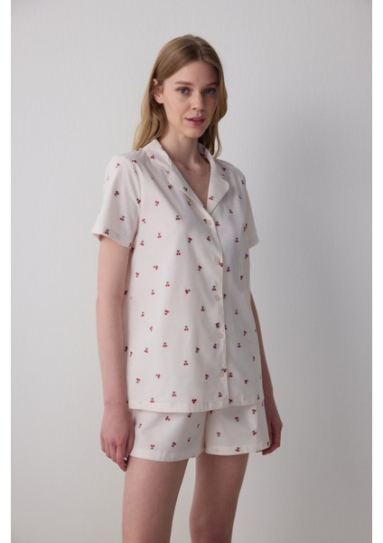 Ellie Gömlek Şort Kırık Beyaz Pijama Takımı