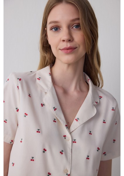 Ellie Gömlek Şort Kırık Beyaz Pijama Takımı