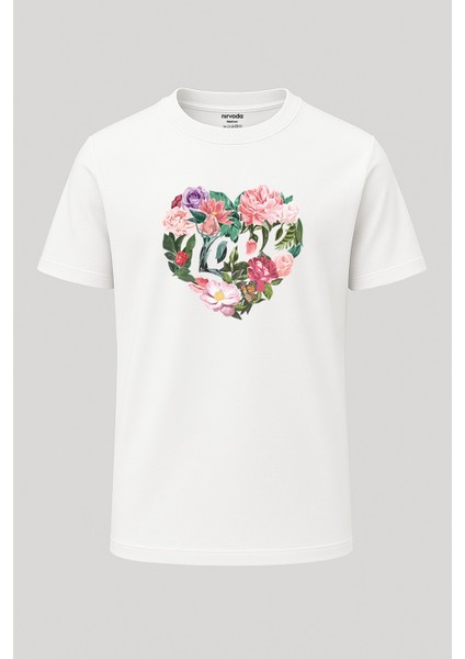 Kalp Love Baskılı Unisex Bol Kalıp Bisiklet Yaka Tişört