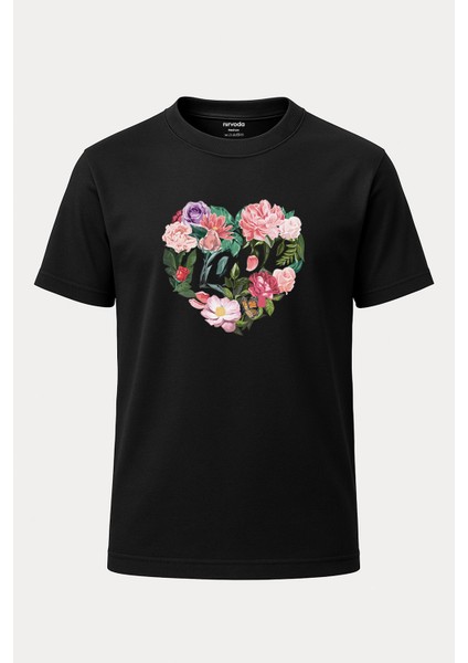 Kalp Love Baskılı Unisex Bol Kalıp Bisiklet Yaka Tişört