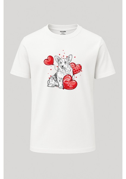 Kalp Balonlu Köpek Baskılı Unisex Bol Kalıp Bisiklet Yaka Tişört