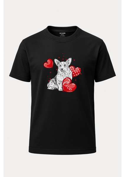 Kalp Balonlu Köpek Baskılı Unisex Bol Kalıp Bisiklet Yaka Tişört