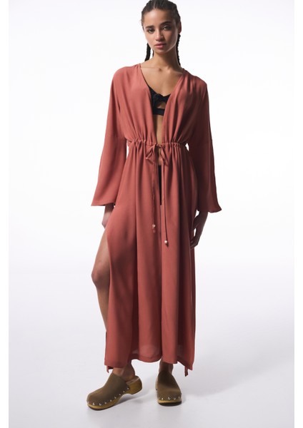 Kiremit Rengi Olivia Crinckle Uzun Kol Oversize Kimono