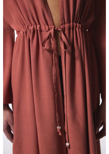 Kiremit Rengi Olivia Crinckle Uzun Kol Oversize Kimono
