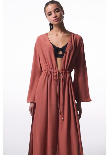 Kiremit Rengi Olivia Crinckle Uzun Kol Oversize Kimono