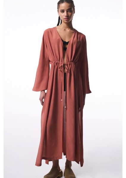 Kiremit Rengi Olivia Crinckle Uzun Kol Oversize Kimono