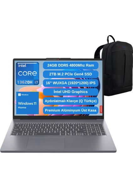 Ideapad Slim 3 16IRH10 Intel Core I7 13620H 24GB 2tb SSD 16" Fhd Windows 11 Taşınabilir Bilgisayar 83K2001VTR - Webzone Çanta Wz4