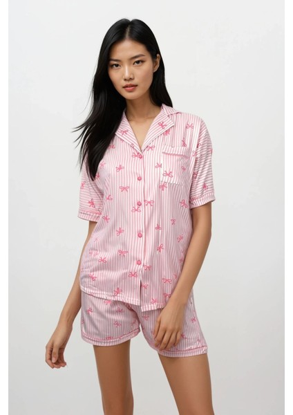 Kadın Pudra Fiyonk Desenli Bebe Yaka Üst Şort Pijama Takımı
