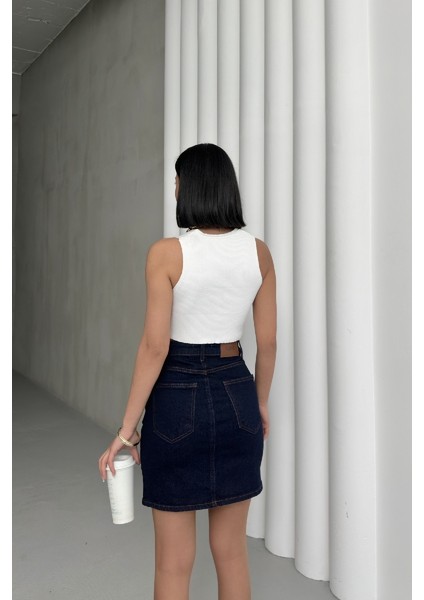 Dar Kalıplı Normal Belli Cepli ve Astarsız Kısa Boy Kadın Kot Etek Mini Slaplı Lacivert Denim modelleri