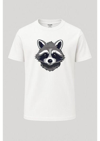 Gri Rakun Baskılı Unisex Bol Kalıp Bisiklet Yaka Tişört