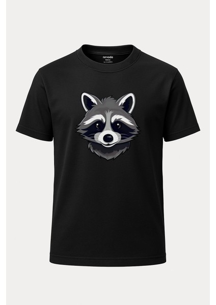 Gri Rakun Baskılı Unisex Bol Kalıp Bisiklet Yaka Tişört