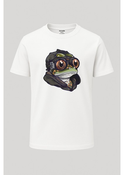 Gözlüklü Kurbağa Baskılı Unisex Bol Kalıp Bisiklet Yaka Tişört