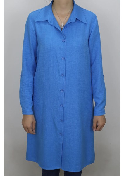 Fistan Store Indigo Spor Kesim Rahat Kalıp Uzun Kollu Büyük Beden Yazlık Tunik