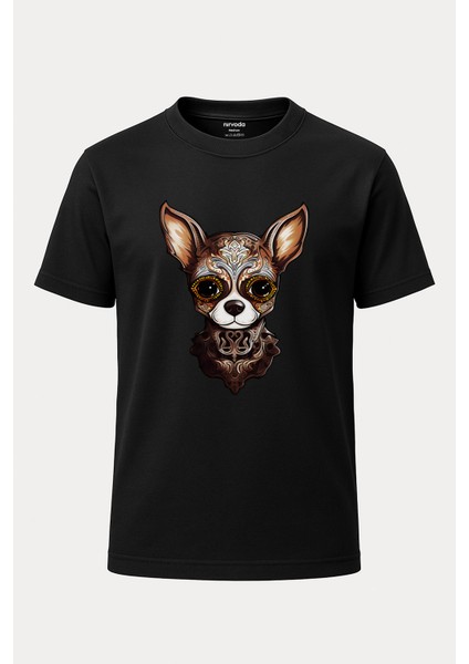 Gotik Tarz Chihuahua Şivava Köpek Baskılı Unisex Bol Kalıp Bisiklet Yaka Tişört
