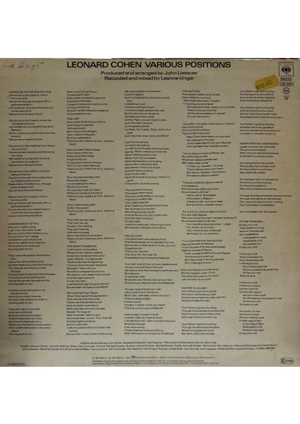 Leonard Cohenvarious Positions Lp Dance Me To The End Of Love Bu Albümde