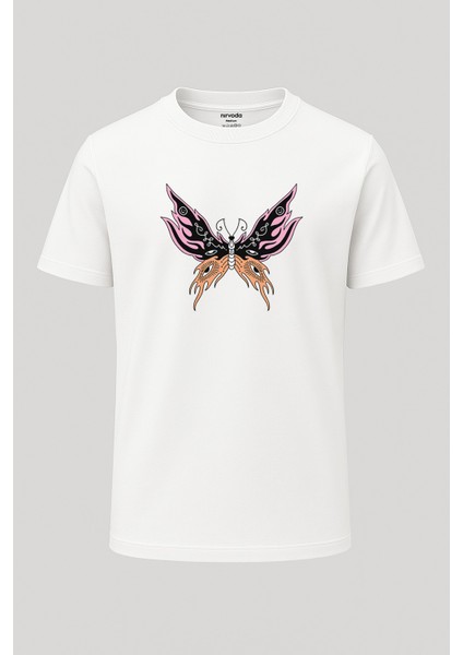 Gotik Sürreal Kelebek Baskılı Unisex Bol Kalıp Bisiklet Yaka Tişört