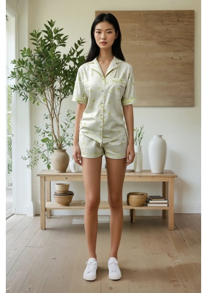 Kadın Yeşil Fiyonk Desenli Bebe Yaka Üst Şort Pijama Takımı fiyatları