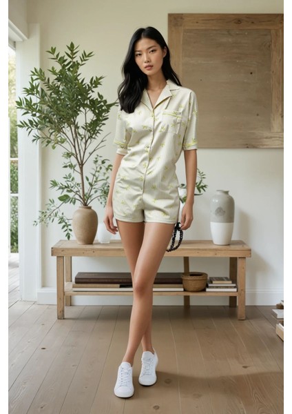 Kadın Yeşil Fiyonk Desenli Bebe Yaka Üst Şort Pijama Takımı fırsatları