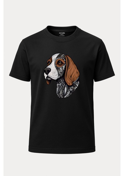 Gotik Desen Beagle Köpek Baskılı Unisex Bol Kalıp Bisiklet Yaka Tişört