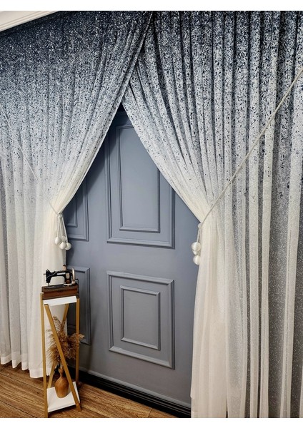 Yeni Tasarım Üst Renkli Lacivert Serpinti Yalancı Kruvaze Tül Perde fiyatları