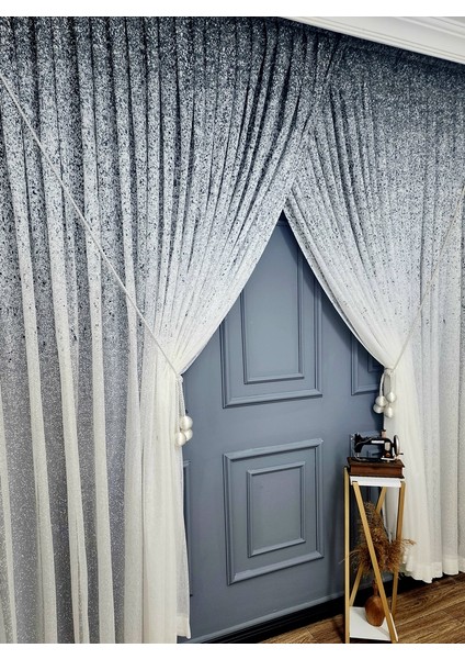 Yeni Tasarım Üst Renkli Lacivert Serpinti Yalancı Kruvaze Tül Perde modelleri