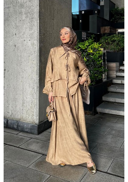 Camel Fırfırlı Bağlama Detay Etek Takım