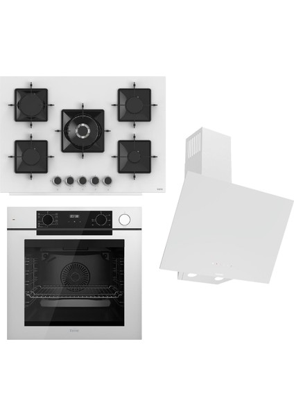 Steamart-Fryart-Sılentart Serisi Beyaz Set (SS036 + QEP64CB +D078-SA ) - Emaye Izgara - 75 cm Ocak