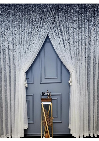 Yeni Tasarım Üst Renkli Lacivert Serpinti Yalancı Kruvaze Tül Perde