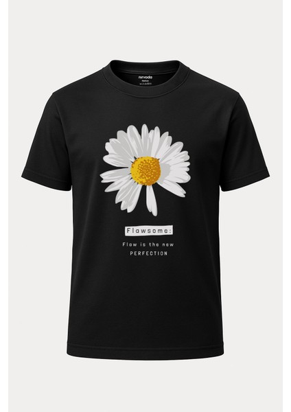 Flawsome Papatya Baskılı Unisex Bol Kalıp Bisiklet Yaka Tişört Siyah