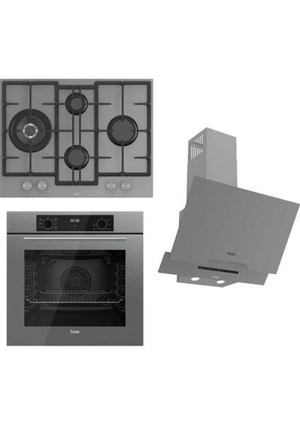 Flowart-Sılentart Serisi Gri Set (ED078 + QBL63CPR +D065-SA ) - Döküm Izgara / 67 cm Ocak