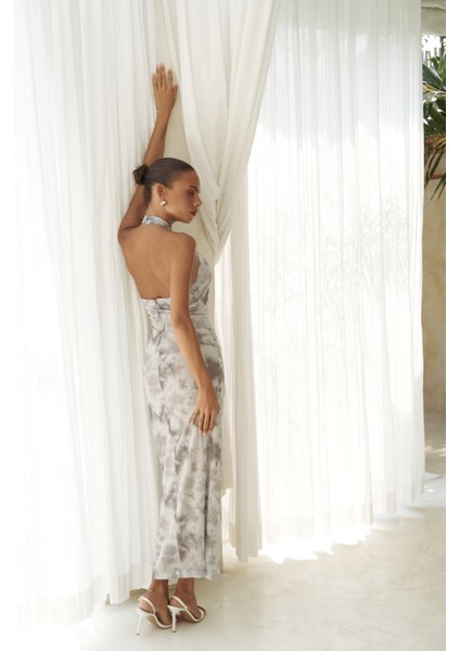 Keefnes Kruvaze Gri Uzun Elbise