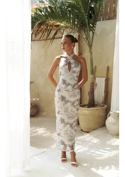 Keefnes Kruvaze Gri Uzun Elbise fiyatları