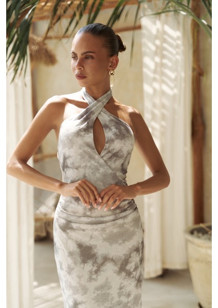 Keefnes Kruvaze Gri Uzun Elbise fırsatları