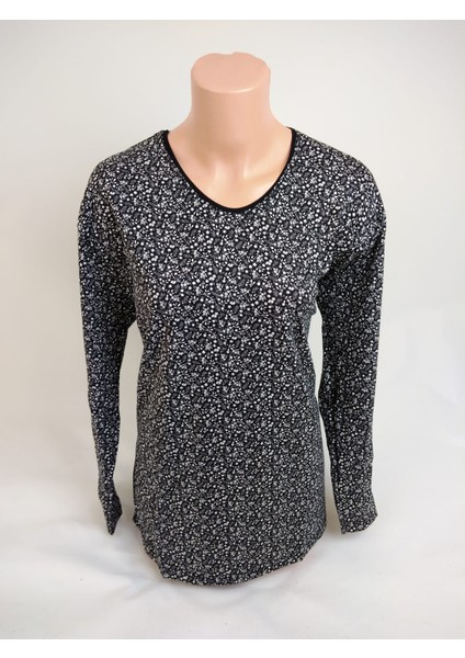 Kadın Siyah Beyaz U Yaka Uzun Kollu Desenli Yırtmaçlı Dokuma Viskon Anne Penye Tişört