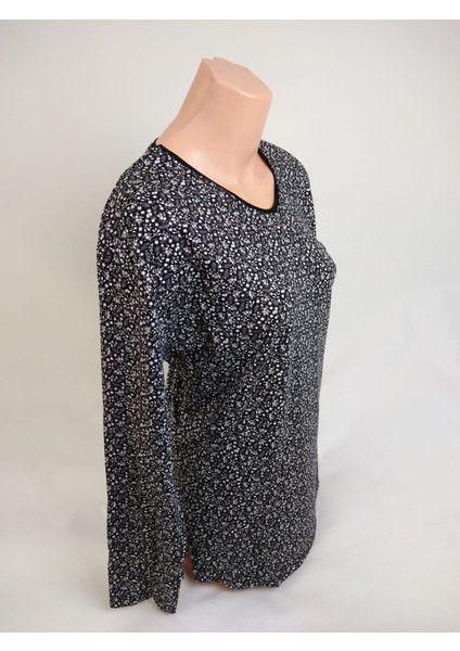 Kadın Siyah Beyaz U Yaka Uzun Kollu Desenli Yırtmaçlı Dokuma Viskon Anne Penye Tişört fiyatları