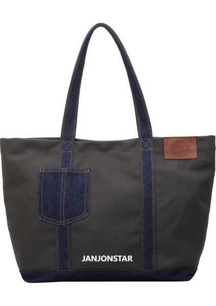 Dikişli Denim Kanvas Omuz Çantası Kadın Büyük Kapasiteli Tote Çanta Öğrenci Çantası Moda Banliyö Çantası (Yurt Dışından)