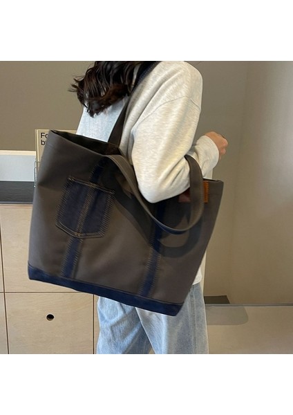Dikişli Denim Kanvas Omuz Çantası Kadın Büyük Kapasiteli Tote Çanta Öğrenci Çantası Moda Banliyö Çantası (Yurt Dışından) modelleri