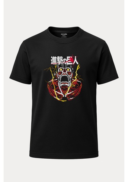 Attack On Titan Titan Saldırı Baskılı Bol Kalıp Bisiklet Yaka Tişört Siyah