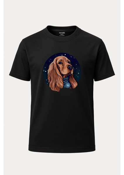 Astronot Islak Burun Köpek Baskılı Bol Kalıp Bisiklet Yaka Tişört